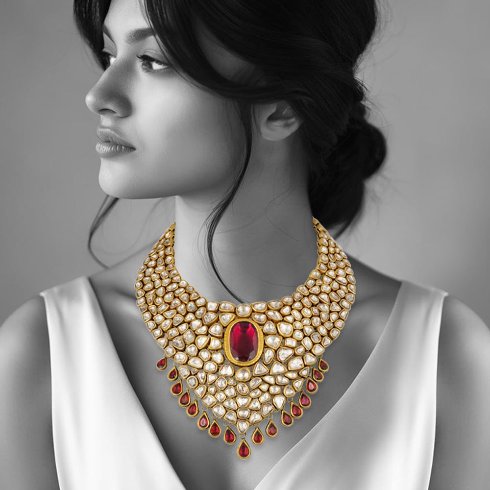Bridal Polki Necklace with Rhodolite Center and Red Drops